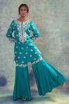 Sonia Khatri_Blue Organza, Silk Sequins, Embroidery Round Neck Petunia Kurta Palazzo Set _at_Aza_Fashions