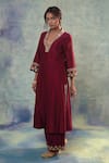 Sonia Khatri_Maroon Summer Silk Embroidery Dahlia Sequin V Neck Anarkali Palazzo Set _at_Aza_Fashions