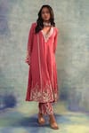Sonia Khatri_Pink Organza Embroidery V-neck Floral Garden Kurta With Pant _Online_at_Aza_Fashions
