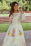 Shop_Charu Makkar_Green Chanderi Cotton Embroidery Blossom Patch Tiered Dress With Slip _Online_at_Aza_Fashions
