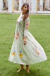 Charu Makkar_Green Chanderi Cotton Embroidery Blossom Patch Tiered Dress With Slip _at_Aza_Fashions
