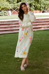 Charu Makkar_Green Chanderi Cotton Flora Patch Pintucked Yoke Dress With Slip _Online_at_Aza_Fashions