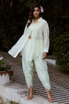 Buy_Charu Makkar_Green Chanderi Cotton Embroidery Flora Collar Back Shirt Tulip Pant Set _at_Aza_Fashions