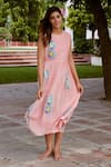 Buy_Charu Makkar_Peach Chanderi Cotton Embroidery Blossom Flora Patch Tiered Dress _at_Aza_Fashions