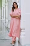 Charu Makkar_Peach Chanderi Cotton Embroidery Petunia Flora Garden Patch Work Kurta With Pant _Online_at_Aza_Fashions