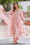 Charu Makkar_Peach Chanderi Cotton Embroidery Floral Patch Anarkali Pant Set _Online_at_Aza_Fashions