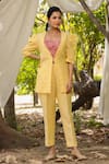 Buy_Charu Makkar_Yellow Linen Embroidery Rafflesia Flora V Neck Back Patch Work Jacket With Pant _at_Aza_Fashions