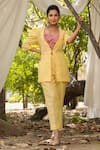 Buy_Charu Makkar_Yellow Linen Embroidery Rafflesia Flora V Neck Back Patch Work Jacket With Pant _Online_at_Aza_Fashions