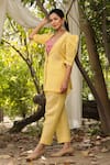 Shop_Charu Makkar_Yellow Linen Embroidery Rafflesia Flora V Neck Back Patch Work Jacket With Pant _Online_at_Aza_Fashions