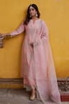 Buy_Charu Makkar_Peach Chanderi Tissue Embroidered Floral Notched Kurta Palazzo Set _at_Aza_Fashions