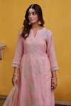 Shop_Charu Makkar_Peach Chanderi Tissue Embroidered Floral Notched Kurta Palazzo Set 