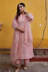 Charu Makkar_Peach Chanderi Tissue Embroidered Floral Notched Kurta Palazzo Set _Online