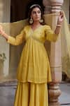 Shop_Charu Makkar_Yellow Chanderi Tissue Embroidered Floral Round Aari Kurta Gharara Set