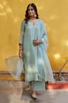 Shop_Charu Makkar_Green Chanderi Tissue Embroidered Floral V Neck Kurta Palazzo Set _at_Aza_Fashions