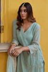 Charu Makkar_Green Chanderi Tissue Embroidered Floral V Neck Kurta Palazzo Set _at_Aza_Fashions