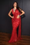 Buy_Ohaila Khan_Red Tulle Embroidered Crystals V Neck Mermaid Saree Gown  _at_Aza_Fashions