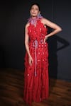 Buy_Ohaila Khan_Red Georgette Embellished Feathers V Neck Ruffle Gown  _at_Aza_Fashions