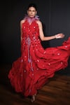 Ohaila Khan_Red Georgette Embellished Feathers V Neck Ruffle Gown  _Online_at_Aza_Fashions