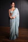 Buy_Ohaila Khan_Blue Chiffon Embroidered Pearls V Neck Saree With Blouse  _at_Aza_Fashions