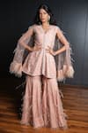 Buy_Ohaila Khan_Pink Tulle Hand Embellished Ostrich Feathers V Kurta And Sharara Set  _at_Aza_Fashions