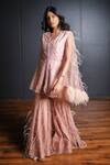 Buy_Ohaila Khan_Pink Tulle Hand Embellished Ostrich Feathers V Kurta And Sharara Set  _Online_at_Aza_Fashions