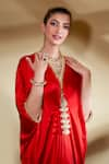 Ohaila Khan_Red Satin Embroidered Floral V Neck Sherbet Draped Kaftan _at_Aza_Fashions