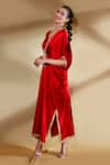 Shop_Ohaila Khan_Red Satin Embroidered Floral V Neck Sherbet Draped Kaftan _at_Aza_Fashions