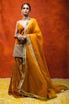 Buy_Ohaila Khan_Orange Velvet Embroidered Floral V Neck Marmalade Kurta Sharara Set  _at_Aza_Fashions