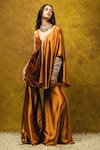 Ohaila Khan_Orange Velvet Embroidery Floral V Neck Draped Kurta And Sharara Set  _Online_at_Aza_Fashions