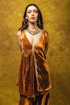 Buy_Ohaila Khan_Orange Velvet Embroidery Floral V Neck Draped Kurta And Sharara Set  _Online_at_Aza_Fashions