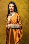 Shop_Ohaila Khan_Orange Velvet Embroidery Floral V Neck Draped Kurta And Sharara Set  _Online_at_Aza_Fashions