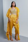 Buy_RIA SHAH LABEL_Yellow Modal Satin Embroidery Mirror Cape Ruffled Tassel Detail Blouse Set _at_Aza_Fashions