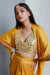 Buy_RIA SHAH LABEL_Yellow Modal Satin Embroidery Mirror Cape Ruffled Tassel Detail Blouse Set _Online_at_Aza_Fashions