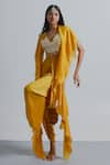 Shop_RIA SHAH LABEL_Yellow Modal Satin Embroidery Mirror Cape Ruffled Tassel Detail Blouse Set _Online_at_Aza_Fashions