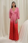 Buy_Ease_Pink Satin Organza Embroidered Butti V Neck Overlap Jumpsuit _at_Aza_Fashions