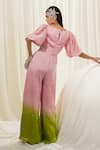 Shop_Ease_Pink Satin Organza Embroidered Butti V Neck Overlap Jumpsuit _at_Aza_Fashions