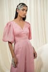 Buy_Ease_Pink Satin Organza Embroidered Butti V Neck Overlap Jumpsuit _Online_at_Aza_Fashions