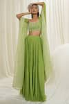 Buy_Ease_Green Pure Crepe Embroidered Flared Sleeve Long Jacket Sharara Set  _at_Aza_Fashions