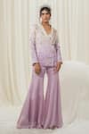 Buy_Ease_Off White Satin Organza Embroidered Floral Jacket And Flared Pant Set  _at_Aza_Fashions