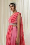 Ease_Pink Satin Organza Embroidered Jaal V Neck Palazzo Saree Set _Online_at_Aza_Fashions