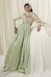 Buy_Ease_Green Anarkali Satin Organza Embroidered Jaal Leaf Neck With Dupatta _at_Aza_Fashions