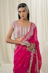 Ease_Pink Saree Viscose Organza Embroidered Pearls Square Neck Border With Blouse _Online_at_Aza_Fashions