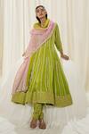 Buy_Ease_Green Satin Organza Embroidered Leaf Lines Jaal Anarkali Pant Set _at_Aza_Fashions