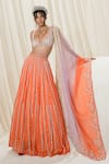 Buy_Ease_Orange Satin Organza Embroidered Leaf Lines Deep V Neck Blouse Lehenga Set _at_Aza_Fashions