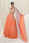 Shop_Ease_Orange Satin Organza Embroidered Leaf Lines Deep V Neck Blouse Lehenga Set _Online_at_Aza_Fashions