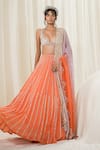 Ease_Orange Satin Organza Embroidered Leaf Lines Deep V Neck Blouse Lehenga Set _at_Aza_Fashions