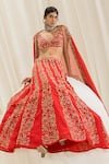 Buy_Ease_Red Satin Organza Embroidered Floral Lines Deep V Neck Bridal Lehenga Set _at_Aza_Fashions