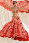 Buy_Ease_Red Satin Organza Embroidered Floral Lines Deep V Neck Bridal Lehenga Set _Online_at_Aza_Fashions