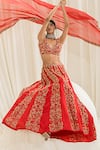 Shop_Ease_Red Satin Organza Embroidered Floral Lines Deep V Neck Bridal Lehenga Set _Online_at_Aza_Fashions