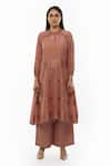 KHAT_Pink Handwoven Cotton Stripe Pattern Frill Neck Dress _Online_at_Aza_Fashions